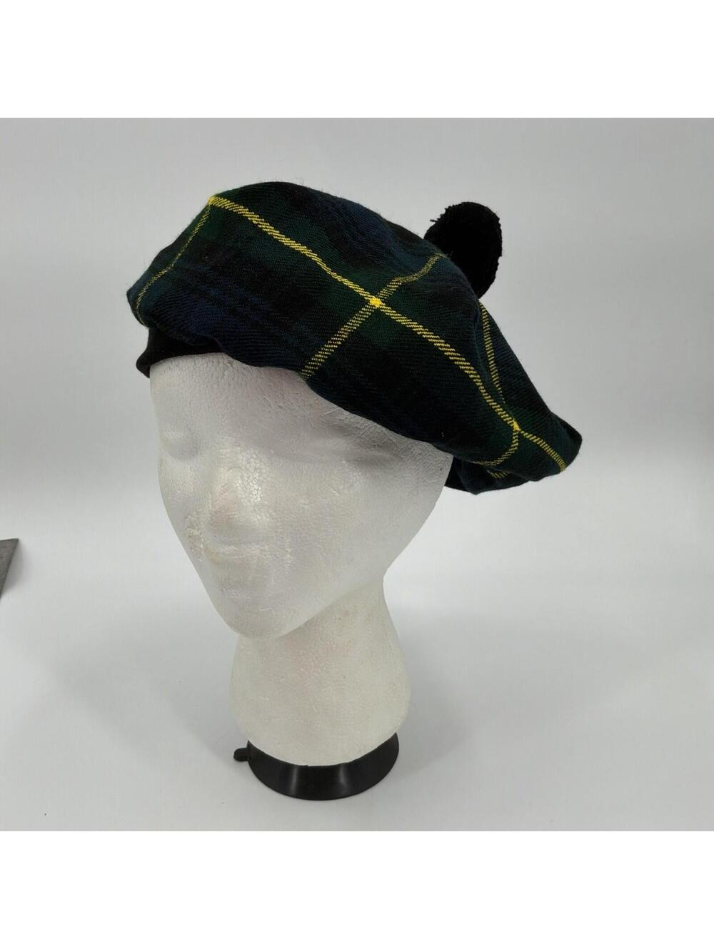 Green Plaid Pom Pom Beret